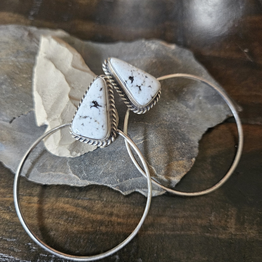 Navajo White Buffalo Turquoise Sterling Silver Earrings - Picture 5 of 6